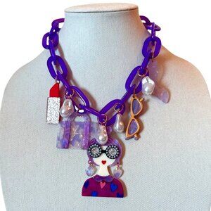 Iris Apfel inspired purple bold maximalist chain resin fashion doll 3D charms ne